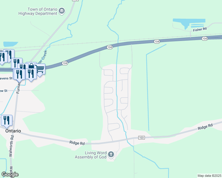 map of restaurants, bars, coffee shops, grocery stores, and more near 76 Jonathan Lane in Ontario