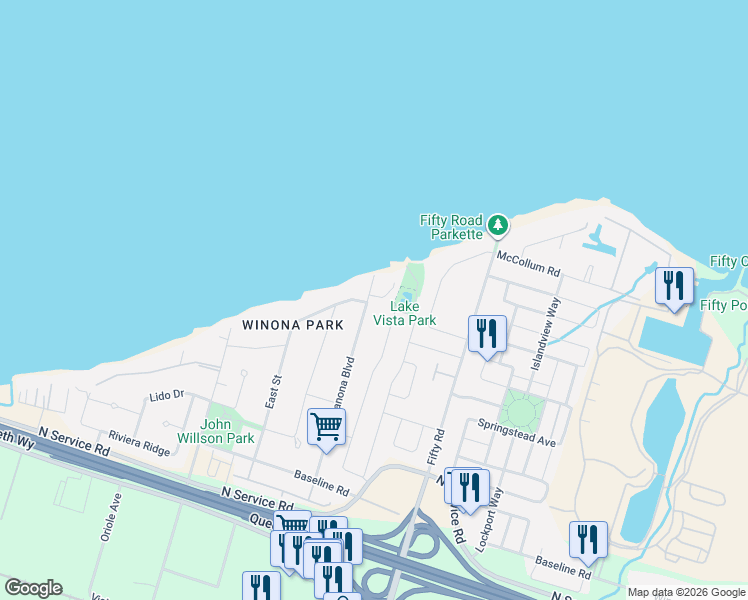 map of restaurants, bars, coffee shops, grocery stores, and more near 92 Creanona Boulevard in Hamilton