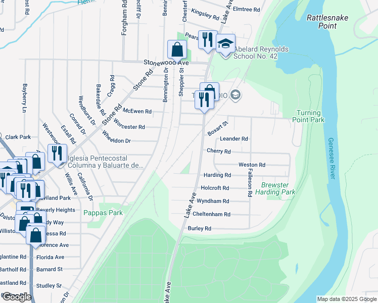 map of restaurants, bars, coffee shops, grocery stores, and more near 10 West Boulevard Parkway in Rochester