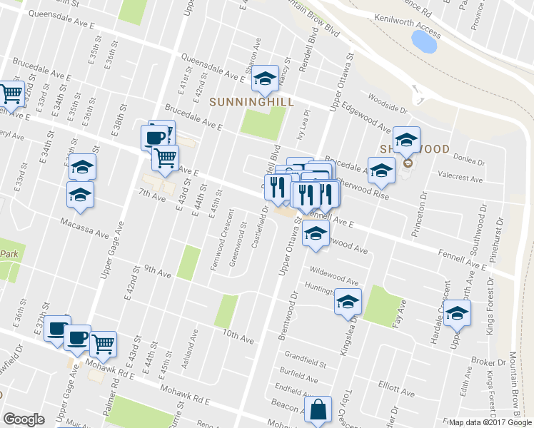 map of restaurants, bars, coffee shops, grocery stores, and more near 128 Fernwood Crescent in Hamilton