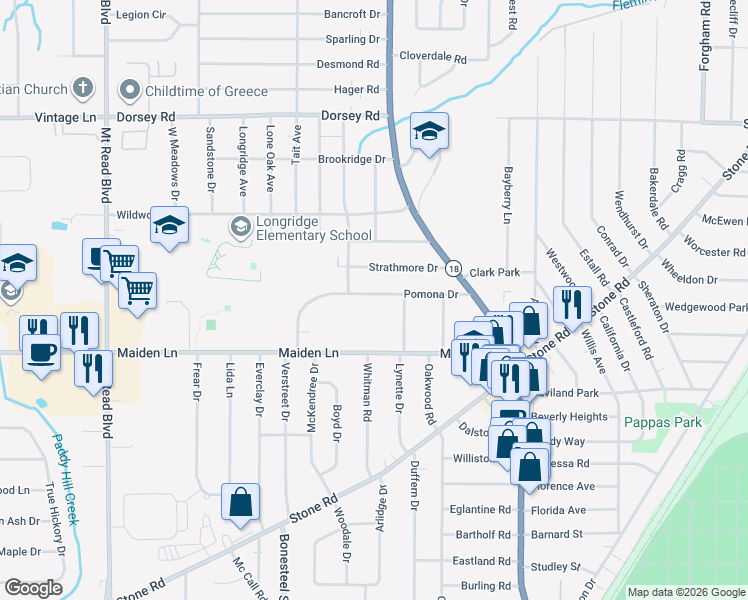 map of restaurants, bars, coffee shops, grocery stores, and more near 147 Pomona Drive in Rochester