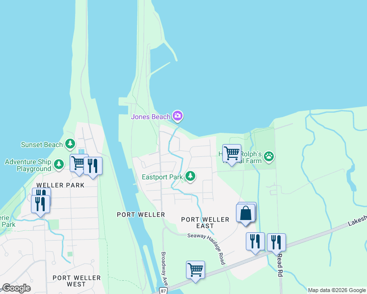 map of restaurants, bars, coffee shops, grocery stores, and more near 5 Lakeside Drive in St. Catharines