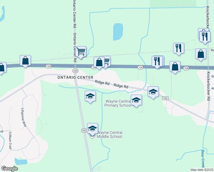 map of restaurants, bars, coffee shops, grocery stores, and more near 1638 Ridge Road in Ontario