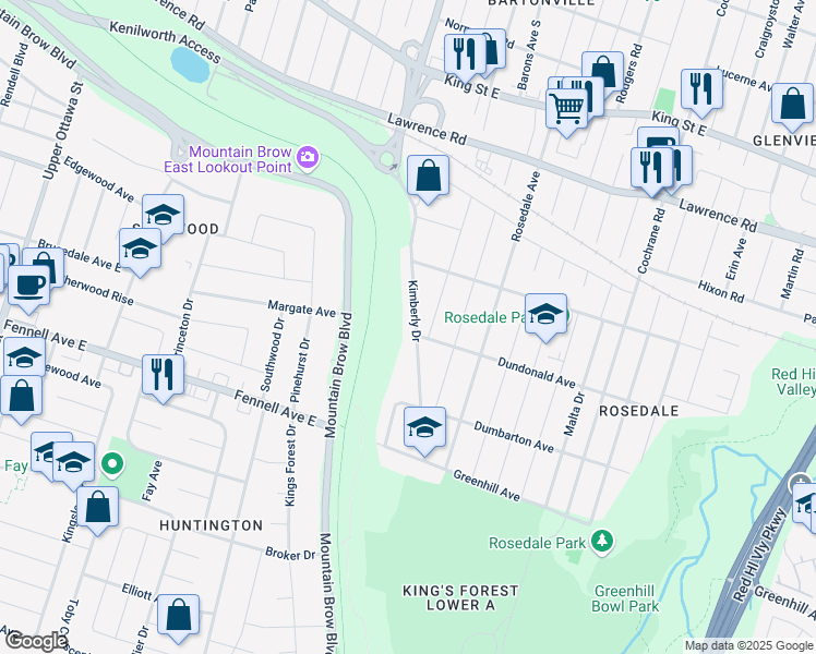 map of restaurants, bars, coffee shops, grocery stores, and more near 108 Kimberly Drive in Hamilton