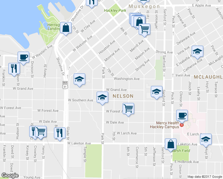 map of restaurants, bars, coffee shops, grocery stores, and more near 376 West Grand Avenue in Muskegon