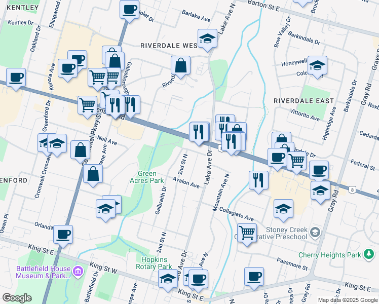map of restaurants, bars, coffee shops, grocery stores, and more near 3 Galbraith Drive in Hamilton