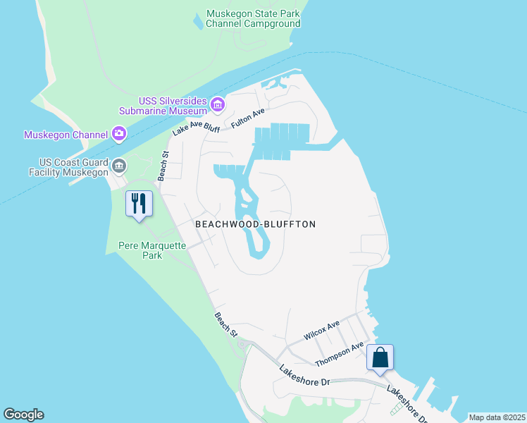 map of restaurants, bars, coffee shops, grocery stores, and more near 3438 Sand Dock Court in Muskegon