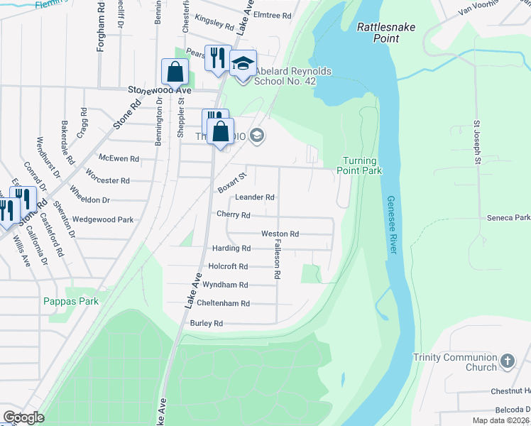 map of restaurants, bars, coffee shops, grocery stores, and more near 116 Cherry Road in Rochester