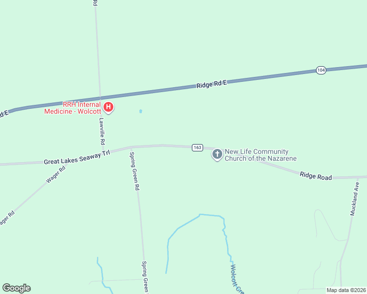 map of restaurants, bars, coffee shops, grocery stores, and more near 13107 Ridge Road East in Wolcott