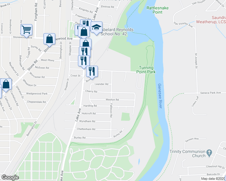 map of restaurants, bars, coffee shops, grocery stores, and more near 152 Cherry Road in Rochester