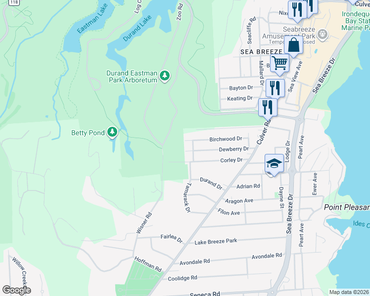 map of restaurants, bars, coffee shops, grocery stores, and more near 8 Dewberry Drive in Irondequoit
