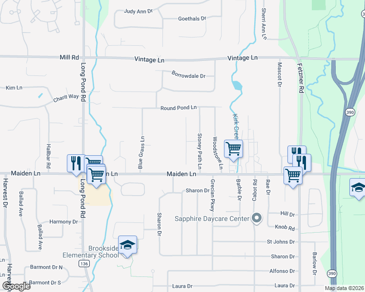 map of restaurants, bars, coffee shops, grocery stores, and more near 19 Angela Villa Lane in Rochester