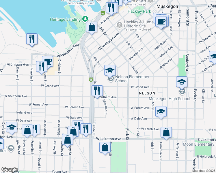 map of restaurants, bars, coffee shops, grocery stores, and more near 550 West Grand Avenue in Muskegon