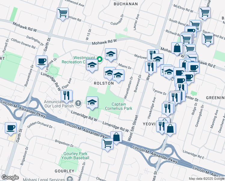 map of restaurants, bars, coffee shops, grocery stores, and more near 79 Rolston Drive in Hamilton