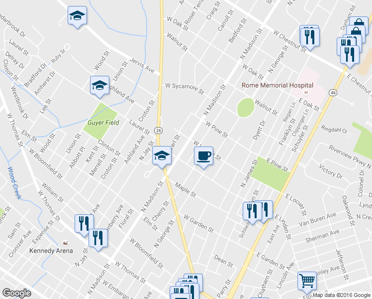map of restaurants, bars, coffee shops, grocery stores, and more near 1006 North Madison Street in Rome