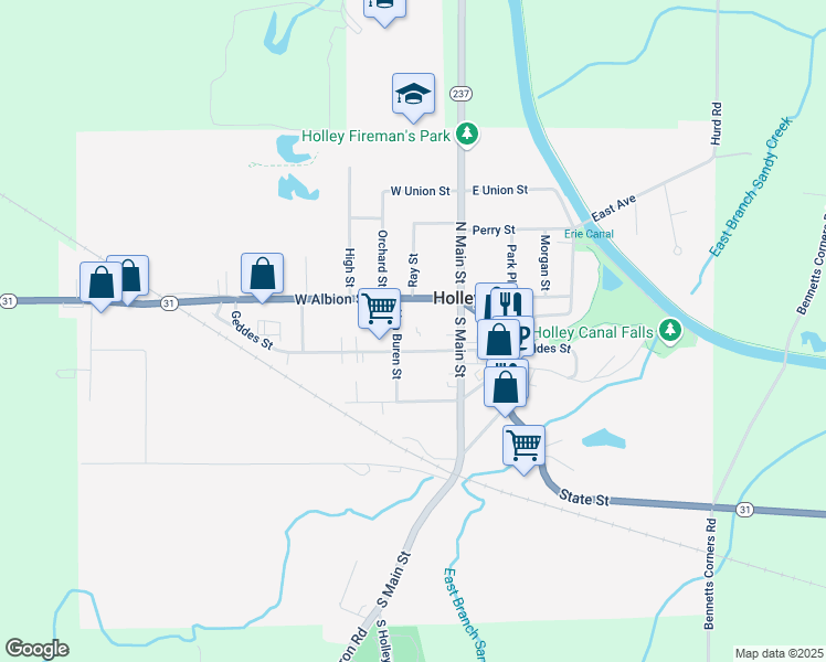 map of restaurants, bars, coffee shops, grocery stores, and more near 37 Geddes Street in Holley