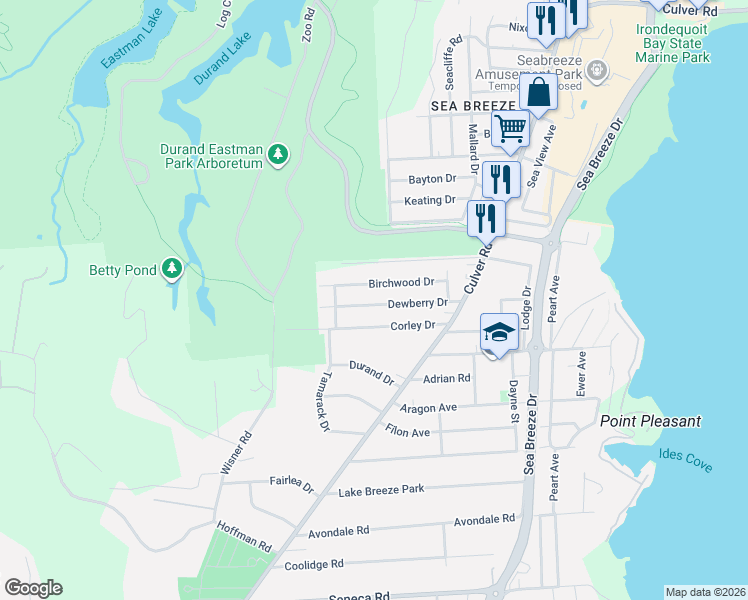 map of restaurants, bars, coffee shops, grocery stores, and more near 104 Dewberry Drive in Irondequoit