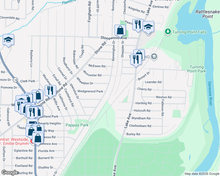 map of restaurants, bars, coffee shops, grocery stores, and more near 621 Bennington Drive in Rochester