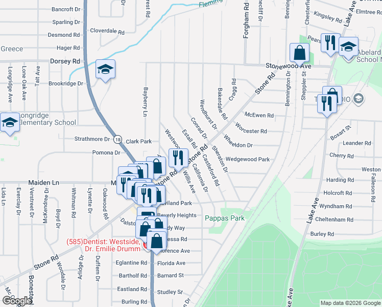map of restaurants, bars, coffee shops, grocery stores, and more near 27 Westwood Drive in Rochester