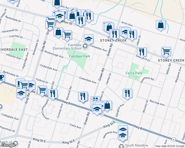 map of restaurants, bars, coffee shops, grocery stores, and more near 57 Eastbury Drive in Hamilton
