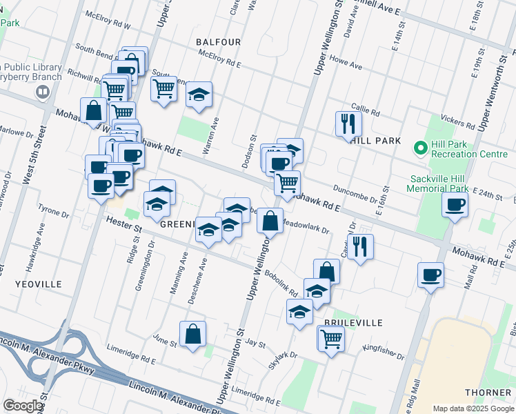 map of restaurants, bars, coffee shops, grocery stores, and more near 161 Luscombe Street in Hamilton