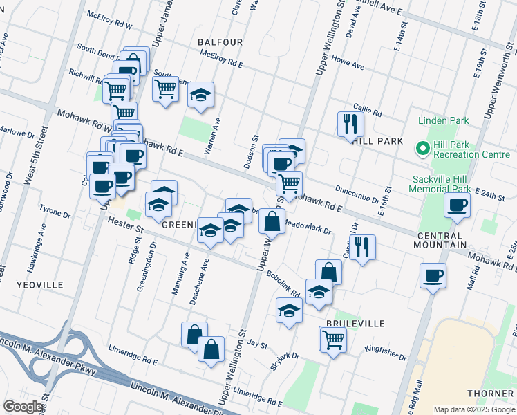 map of restaurants, bars, coffee shops, grocery stores, and more near 161 Luscombe Street in Hamilton