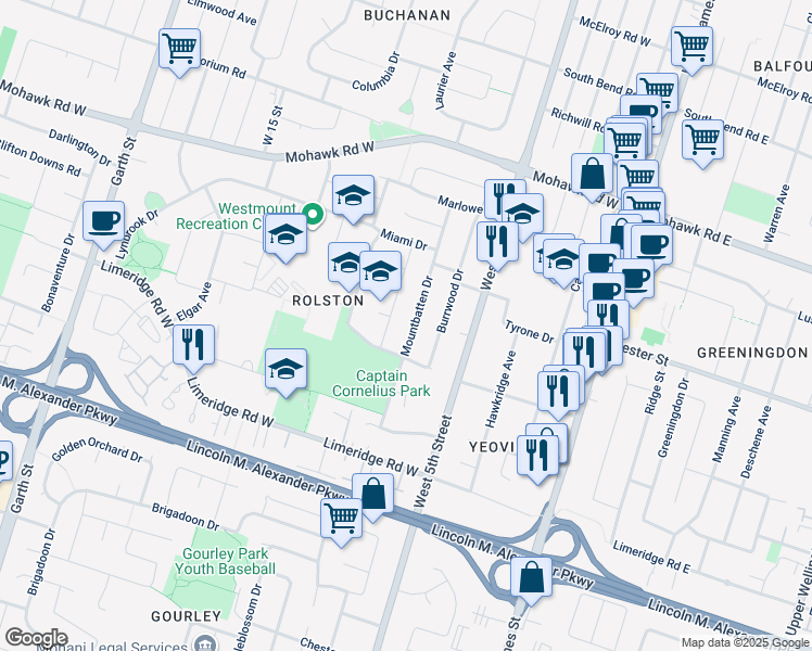 map of restaurants, bars, coffee shops, grocery stores, and more near 65 Sarasota Avenue in Hamilton
