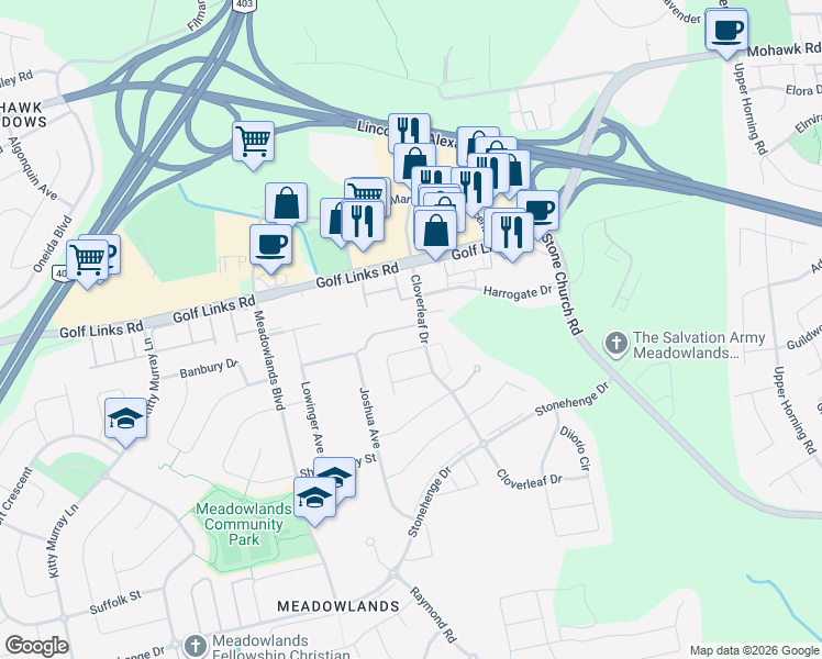 map of restaurants, bars, coffee shops, grocery stores, and more near 60 Cloverleaf Drive in Hamilton