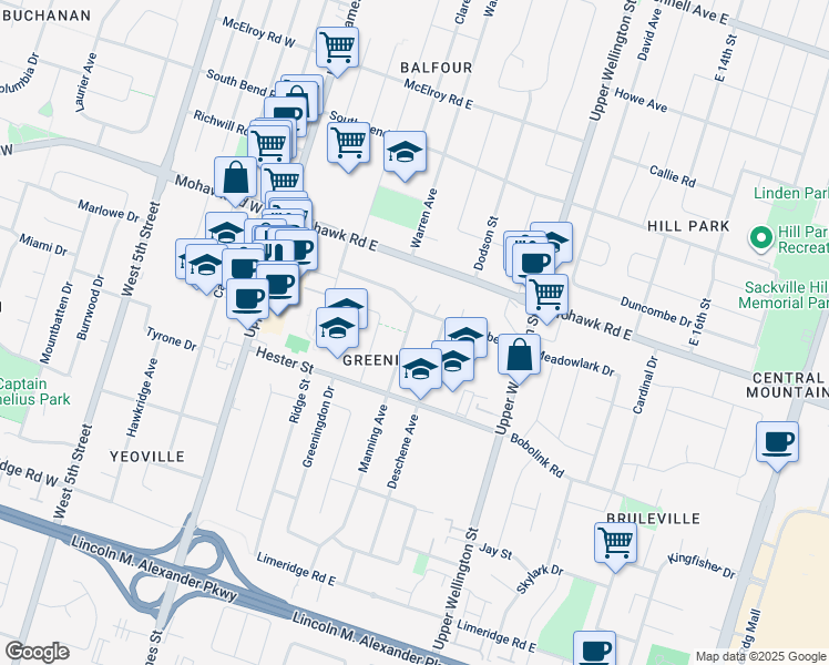 map of restaurants, bars, coffee shops, grocery stores, and more near 39 Manning Avenue in Hamilton