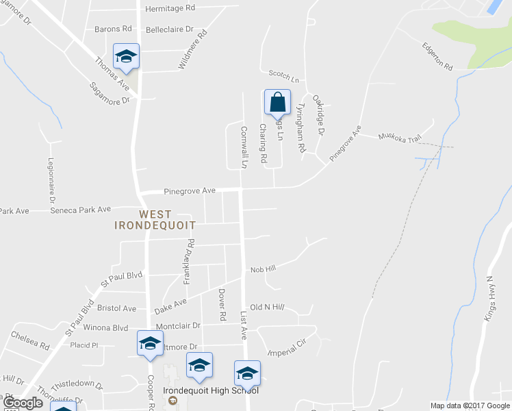 map of restaurants, bars, coffee shops, grocery stores, and more near 223 Pinewood Trail in Rochester