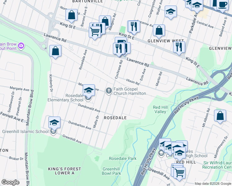 map of restaurants, bars, coffee shops, grocery stores, and more near 243 Montrose Avenue in Hamilton