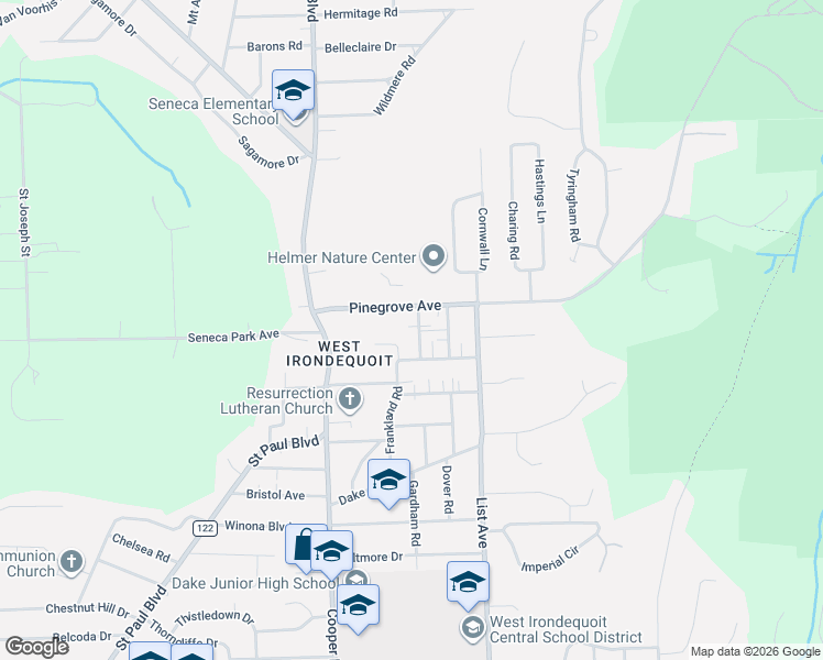 map of restaurants, bars, coffee shops, grocery stores, and more near 38 Poppy Street in Irondequoit