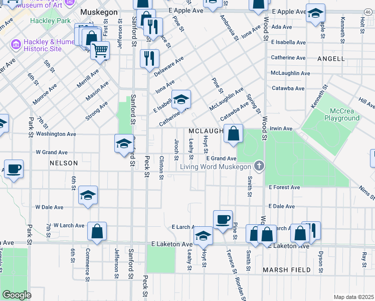 map of restaurants, bars, coffee shops, grocery stores, and more near 1477 Leahy Street in Muskegon