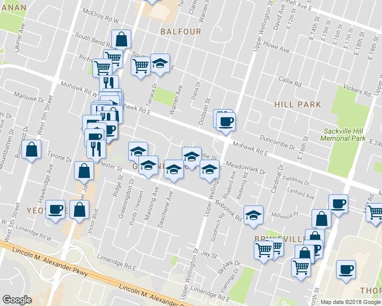 map of restaurants, bars, coffee shops, grocery stores, and more near 136 Luscombe Street in Hamilton