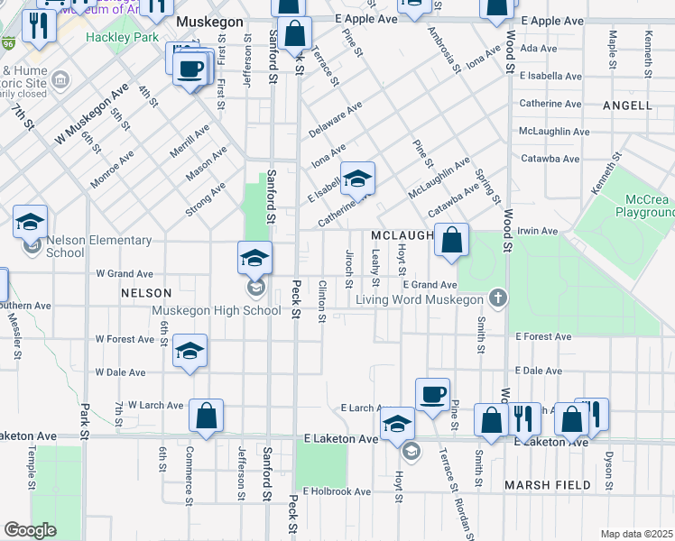 map of restaurants, bars, coffee shops, grocery stores, and more near 80 East Grand Avenue in Muskegon