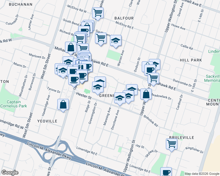 map of restaurants, bars, coffee shops, grocery stores, and more near 47 Ronaldshay Avenue in Hamilton