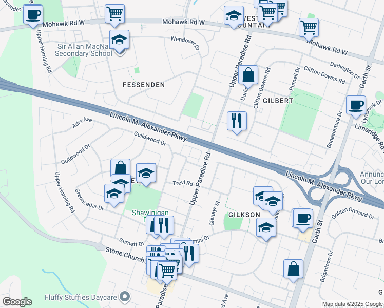map of restaurants, bars, coffee shops, grocery stores, and more near 80 Gilcrest Street in Hamilton