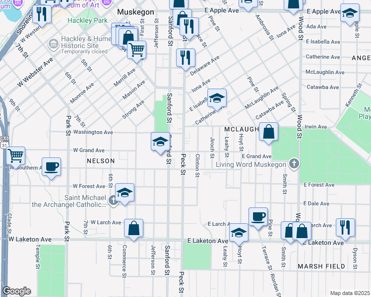 map of restaurants, bars, coffee shops, grocery stores, and more near 1470 Peck Street in Muskegon
