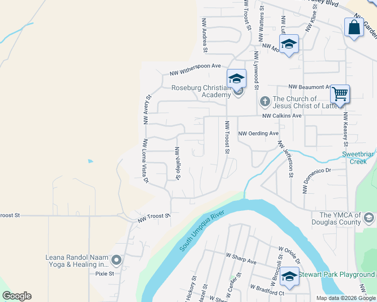 map of restaurants, bars, coffee shops, grocery stores, and more near 1378 Northwest Grove Street in Roseburg