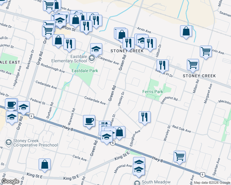 map of restaurants, bars, coffee shops, grocery stores, and more near 238 Green Road in Hamilton