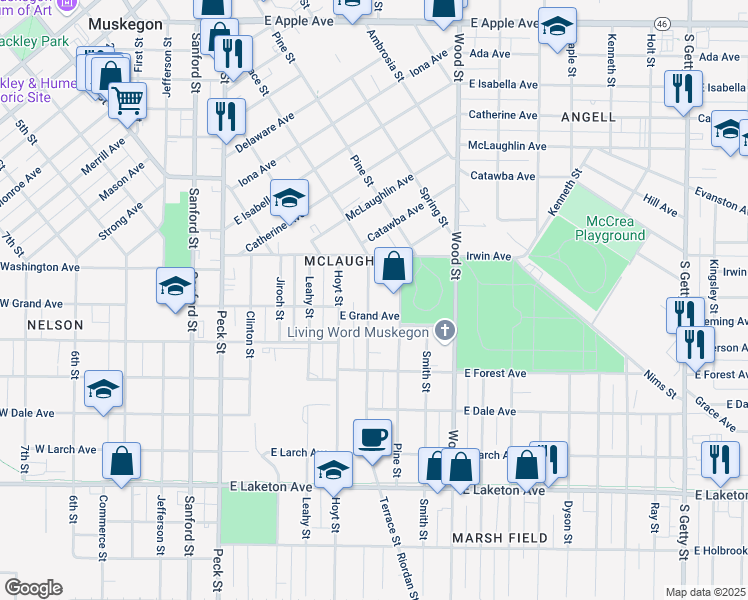map of restaurants, bars, coffee shops, grocery stores, and more near 1478 Terrace Street in Muskegon
