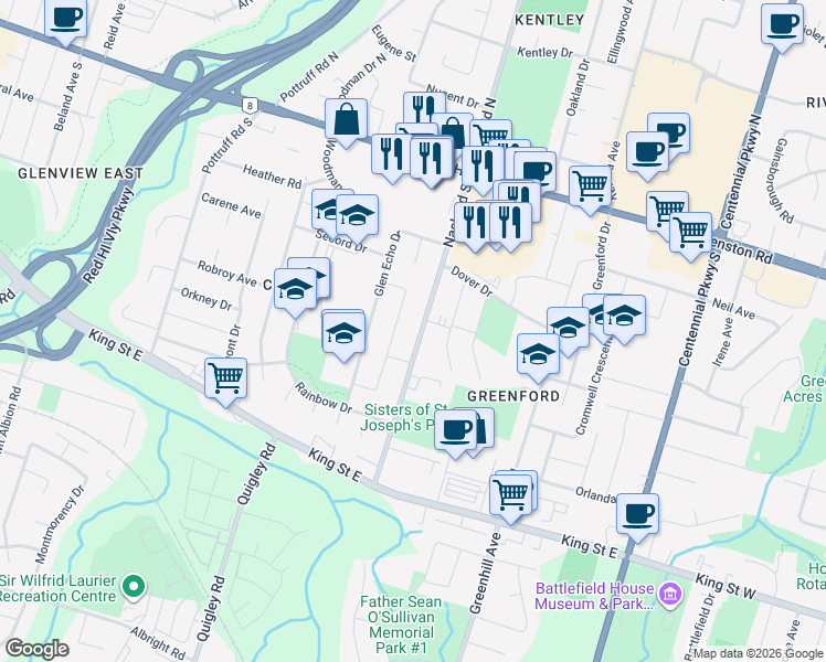 map of restaurants, bars, coffee shops, grocery stores, and more near 124 Nash Road South in Hamilton