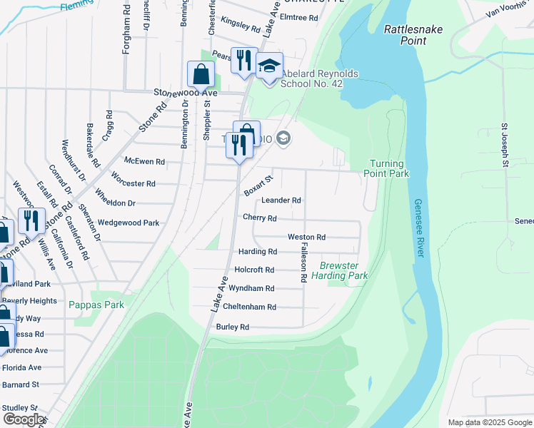 map of restaurants, bars, coffee shops, grocery stores, and more near 62 Cherry Road in Rochester