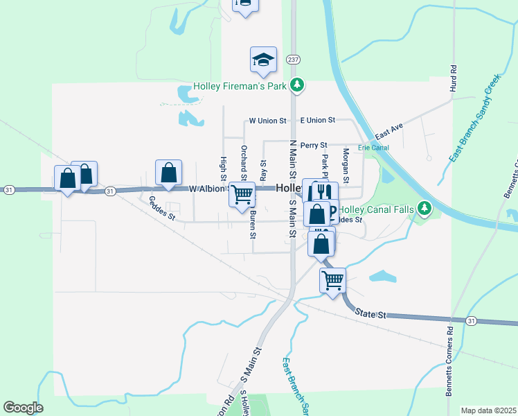 map of restaurants, bars, coffee shops, grocery stores, and more near 37 Geddes Street in Holley