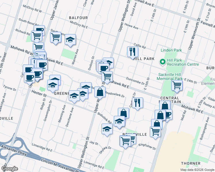 map of restaurants, bars, coffee shops, grocery stores, and more near 210 Mohawk Road East in Hamilton