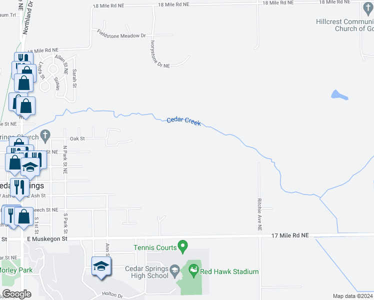 map of restaurants, bars, coffee shops, grocery stores, and more near 5311 17 Mile Road Northeast in Cedar Springs