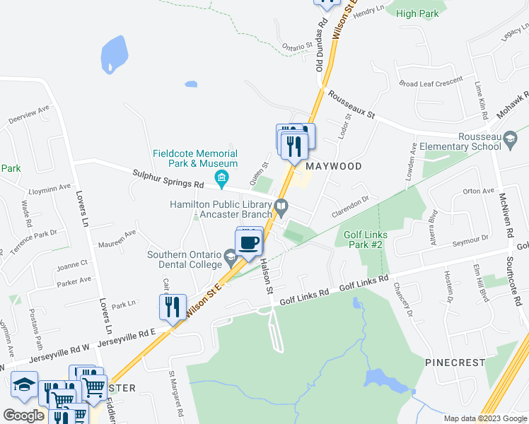 map of restaurants, bars, coffee shops, grocery stores, and more near 297 Wilson Street East in Hamilton