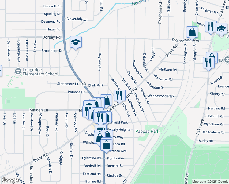 map of restaurants, bars, coffee shops, grocery stores, and more near 55 Willmae Rd in Rochester
