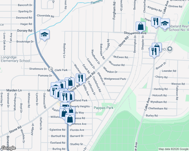map of restaurants, bars, coffee shops, grocery stores, and more near 337 Stone Road in Rochester