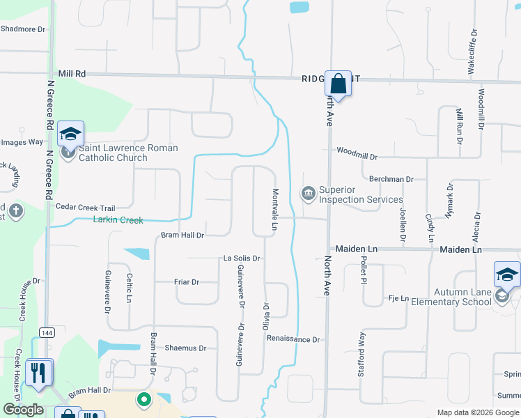 map of restaurants, bars, coffee shops, grocery stores, and more near 125 Montvale Ln in Rochester